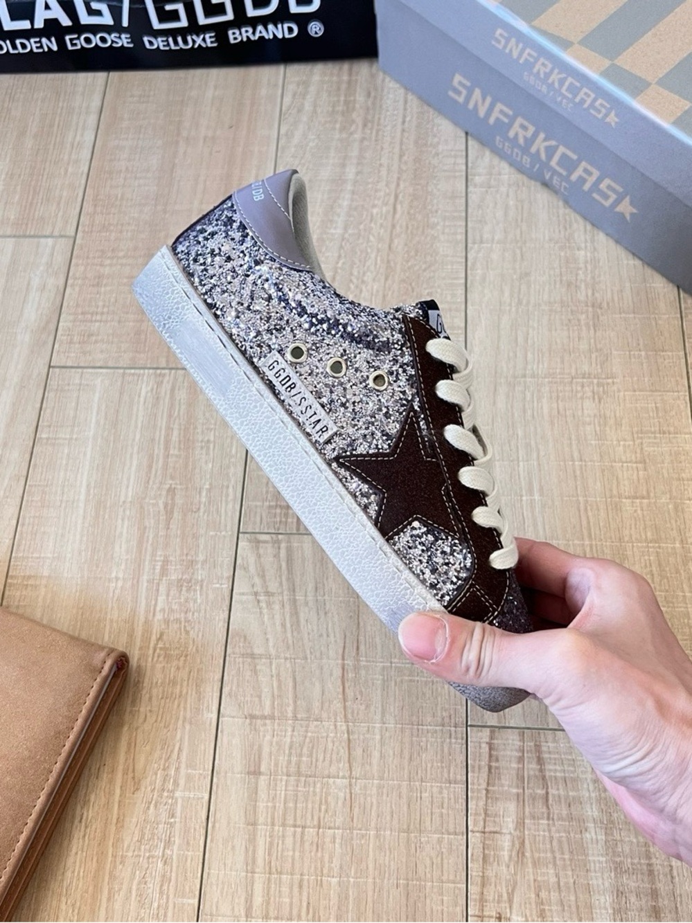 Golden Goose Silver Glitter Sneakers with Brown Star Trim - Picture 3 of 8